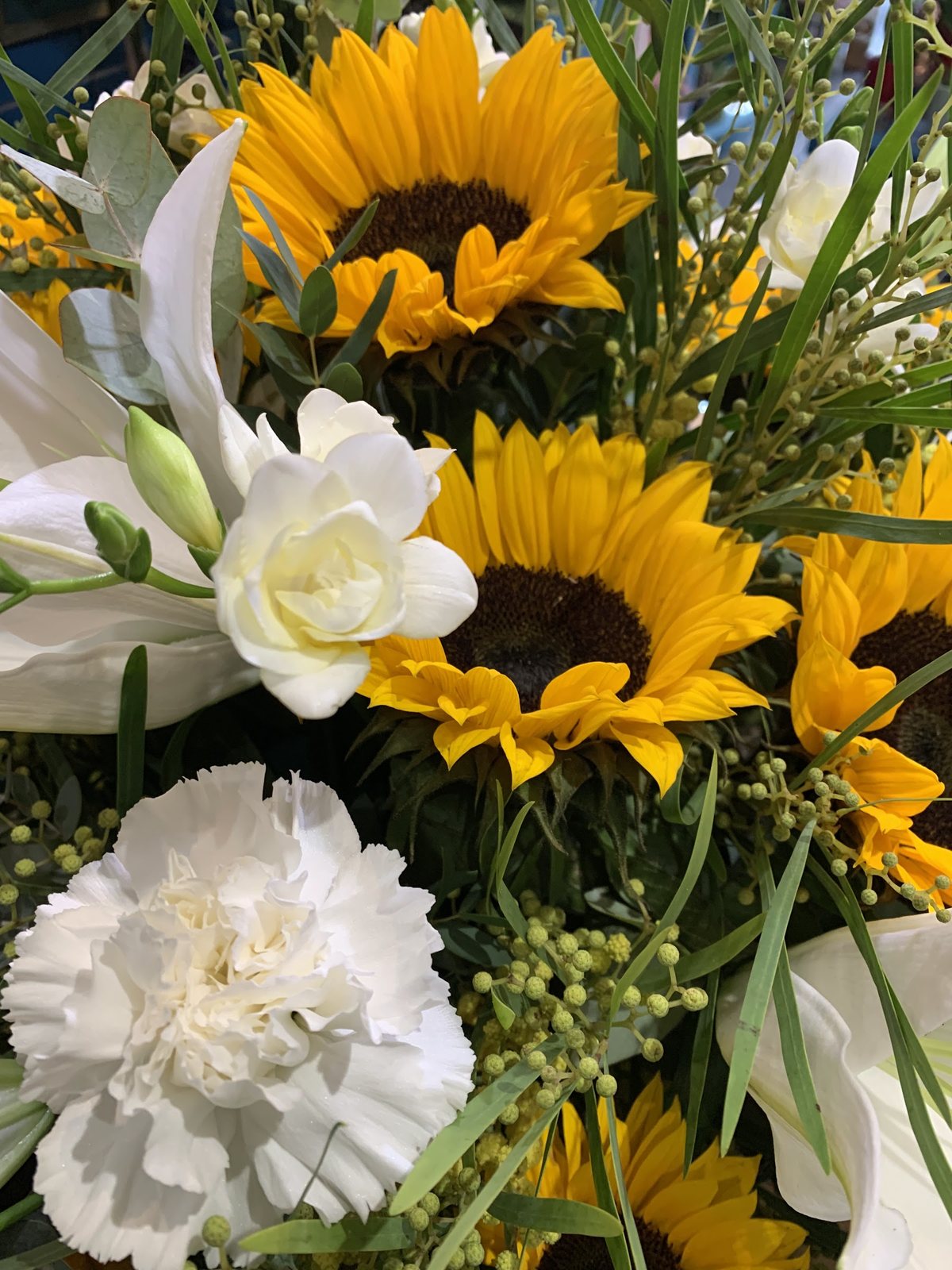 Bouquet de tournesols et œillets blancs