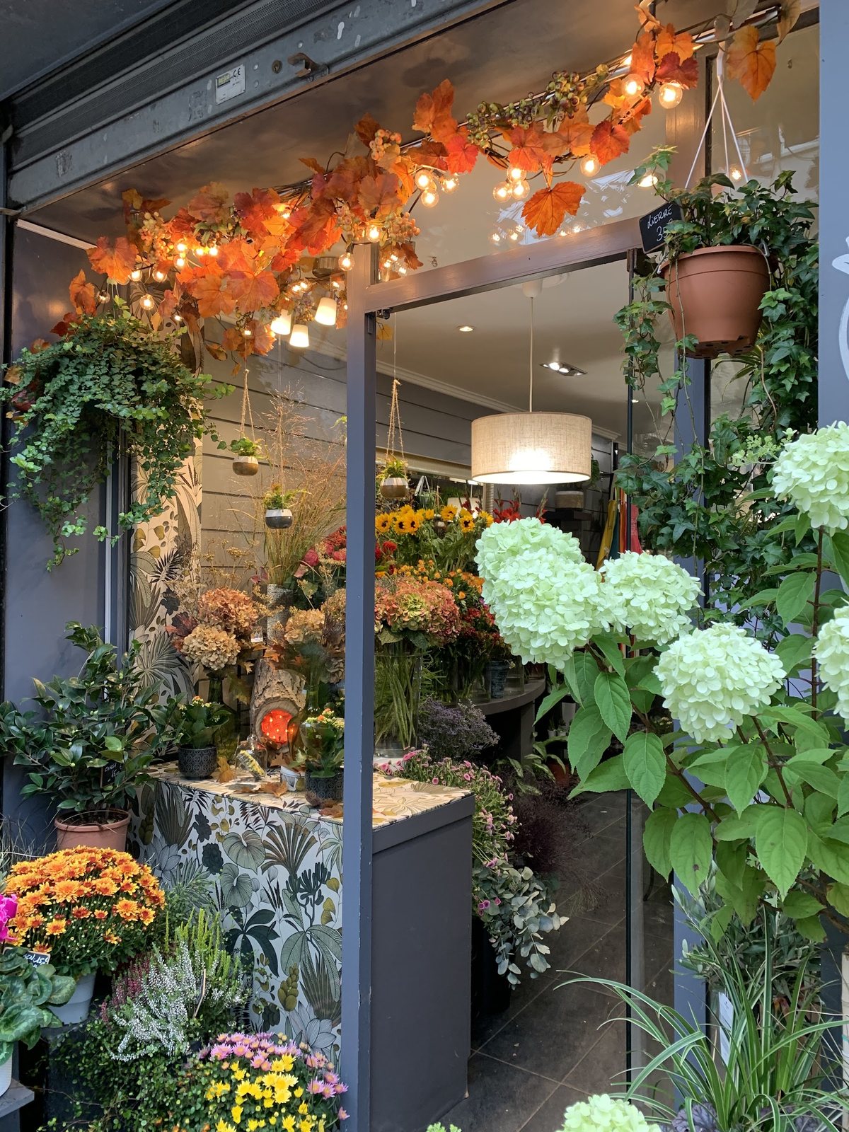 L’entrée décorée de feuillages d’automne et de guirlandes lumineuses